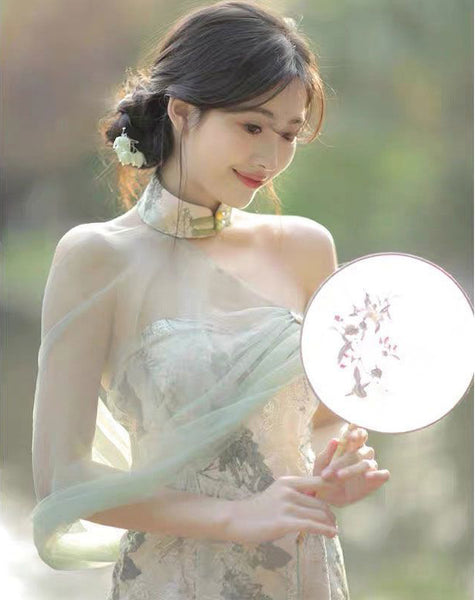 Vintage Off Shoulder Floral Printed Design Retro Long Side Split Cheongsam Dress