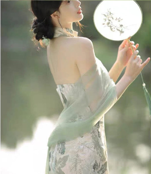 Vintage Off Shoulder Floral Printed Design Retro Long Side Split Cheongsam Dress
