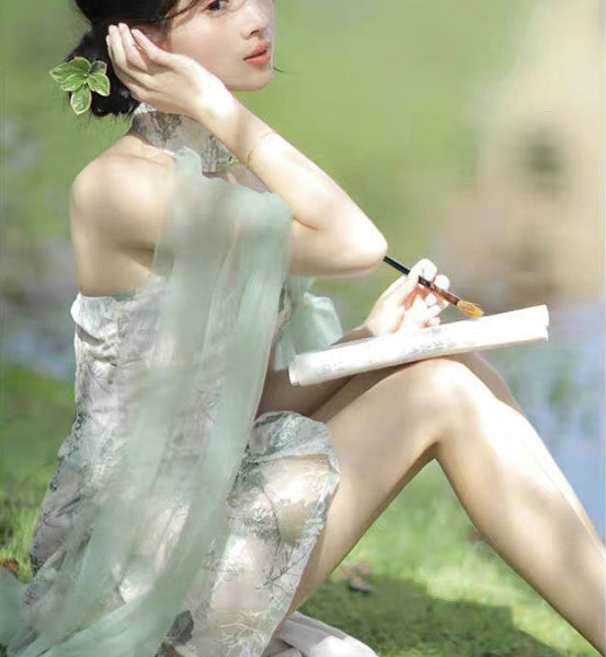 Vintage Off Shoulder Floral Printed Design Retro Long Side Split Cheongsam Dress