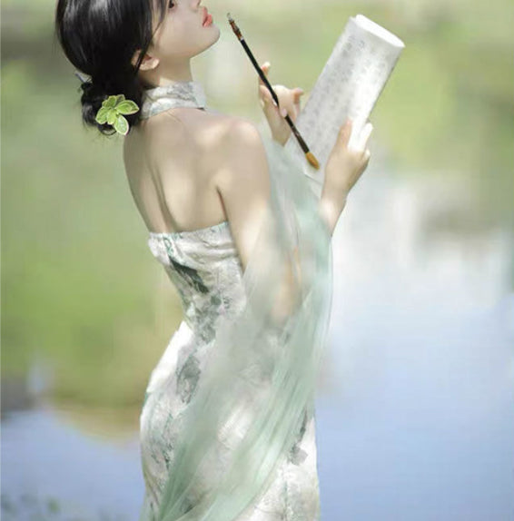 Vintage Off Shoulder Floral Printed Design Retro Long Side Split Cheongsam Dress