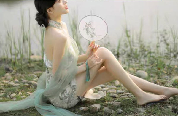Vintage Off Shoulder Floral Printed Design Retro Long Side Split Cheongsam Dress