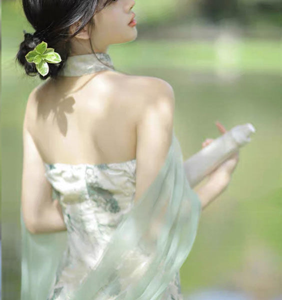 Vintage Off Shoulder Floral Printed Design Retro Long Side Split Cheongsam Dress