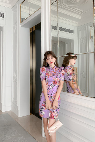 Chinese Style Retro Fashion Floral Print Stand Collar Short Sleeves High Waist Cheongsam Dress
