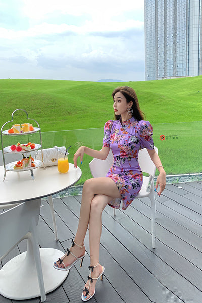 Chinese Style Retro Fashion Floral Print Stand Collar Short Sleeves High Waist Cheongsam Dress
