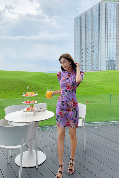 Chinese Style Retro Fashion Floral Print Stand Collar Short Sleeves High Waist Cheongsam Dress