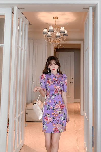 Chinese Style Retro Fashion Floral Print Stand Collar Short Sleeves High Waist Cheongsam Dress