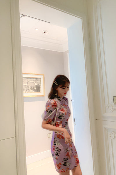 Chinese Style Retro Fashion Floral Print Stand Collar Short Sleeves High Waist Cheongsam Dress