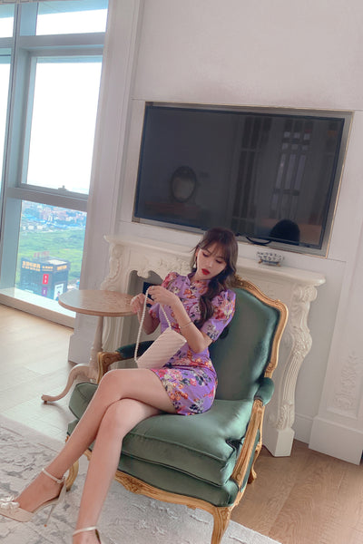 Chinese Style Retro Fashion Floral Print Stand Collar Short Sleeves High Waist Cheongsam Dress