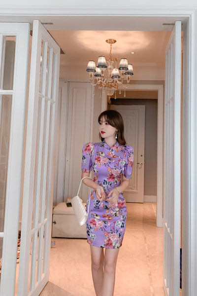 Chinese Style Retro Fashion Floral Print Stand Collar Short Sleeves High Waist Cheongsam Dress