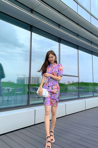 Chinese Style Retro Fashion Floral Print Stand Collar Short Sleeves High Waist Cheongsam Dress