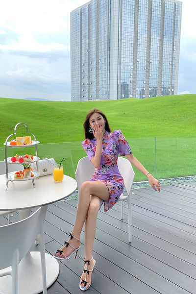 Chinese Style Retro Fashion Floral Print Stand Collar Short Sleeves High Waist Cheongsam Dress
