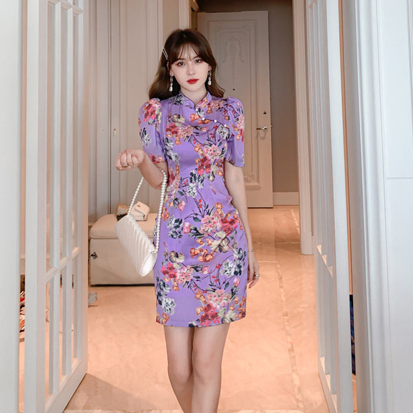 Chinese Style Retro Fashion Floral Print Stand Collar Short Sleeves High Waist Cheongsam Dress