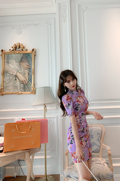 Chinese Style Retro Fashion Floral Print Stand Collar Short Sleeves High Waist Cheongsam Dress