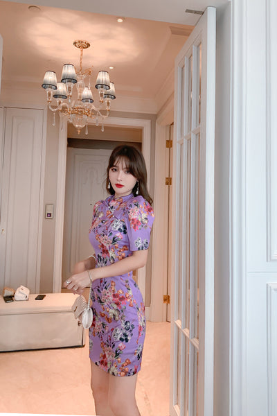 Chinese Style Retro Fashion Floral Print Stand Collar Short Sleeves High Waist Cheongsam Dress