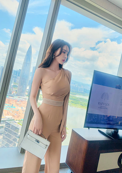 New Minimalistic Style Temperament One Oblique Shoulder High Waist Jumpsuit Rompers