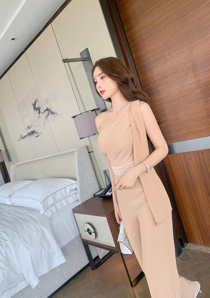 New Minimalistic Style Temperament One Oblique Shoulder High Waist Jumpsuit Rompers