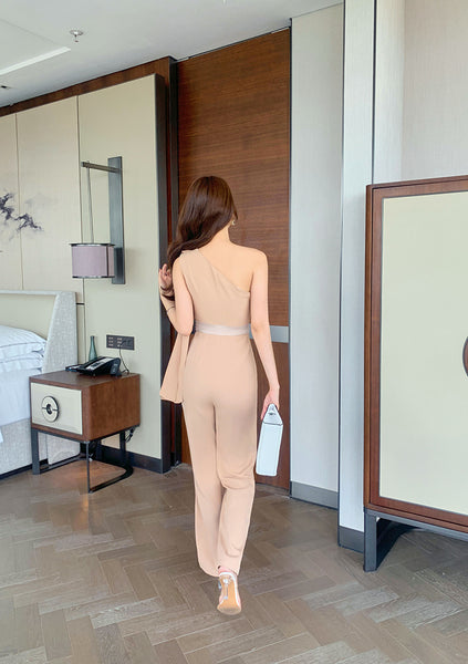 New Minimalistic Style Temperament One Oblique Shoulder High Waist Jumpsuit Rompers