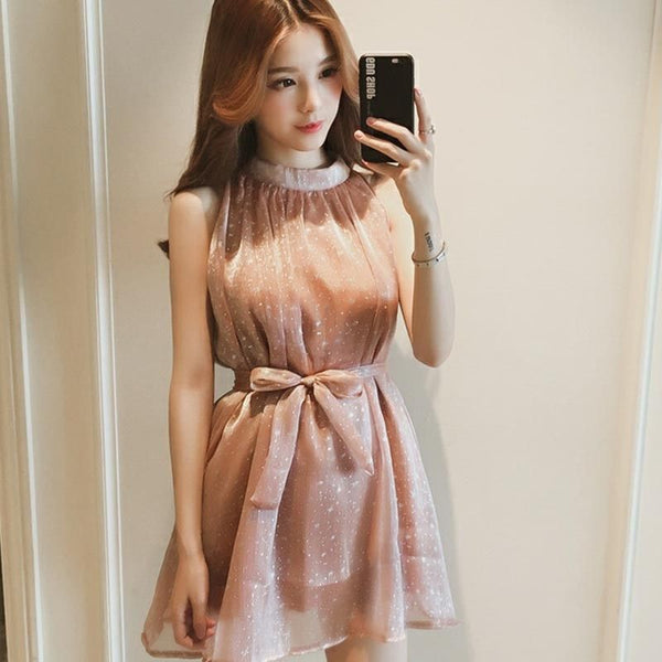 Temperament Halter Neck Sleeveless High Waist Bow Tie Blink Shiny Loose Dress A-Line Mini Skirt