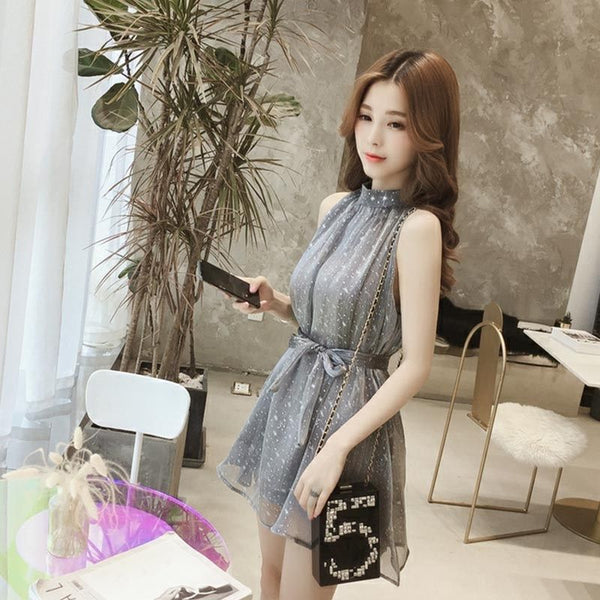Temperament Halter Neck Sleeveless High Waist Bow Tie Blink Shiny Loose Dress A-Line Mini Skirt