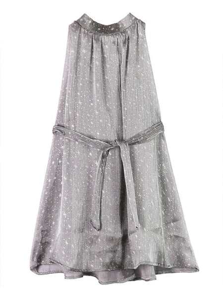 Temperament Halter Neck Sleeveless High Waist Bow Tie Blink Shiny Loose Dress A-Line Mini Skirt