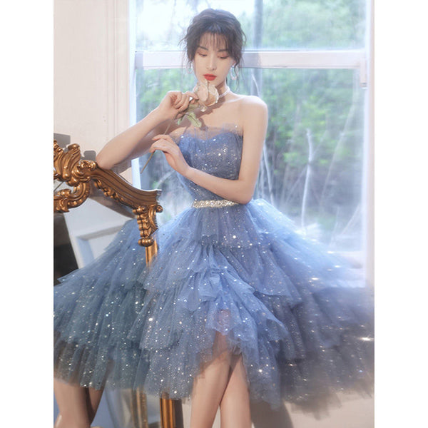 Luxury Banquet Evening Light Ball Off Shoulder Tulle Sequins Tutu Bridesmaid Layered Dress
