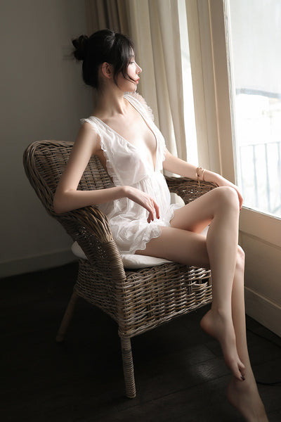 Sexy Ruffle Deep V Neck Sleeveless Butterfly Embroidery Lace Backless Slip Nightdress Dress