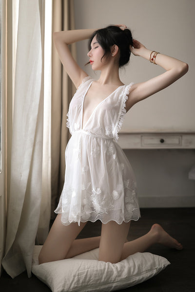 Sexy Ruffle Deep V Neck Sleeveless Butterfly Embroidery Lace Backless Slip Nightdress Dress
