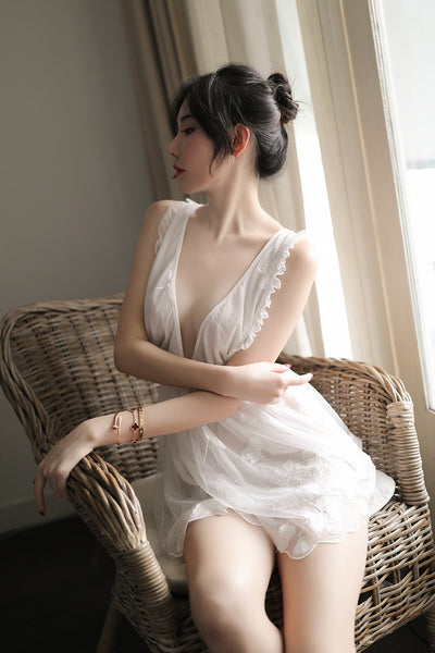 Sexy Ruffle Deep V Neck Sleeveless Butterfly Embroidery Lace Backless Slip Nightdress Dress