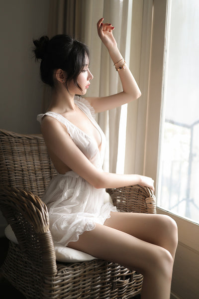 Sexy Ruffle Deep V Neck Sleeveless Butterfly Embroidery Lace Backless Slip Nightdress Dress
