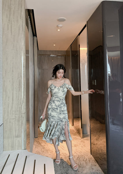 Elegant Chic Floral Pattern Off Shoulder Strap Ruffle Evening Vestidos Midi Dress