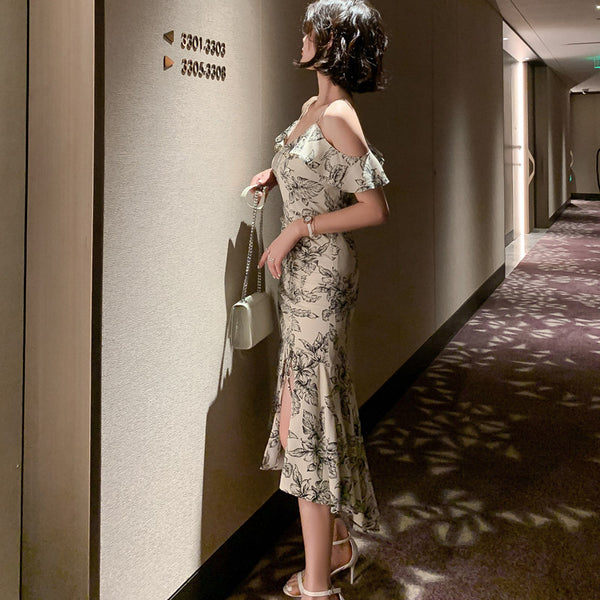 Elegant Chic Floral Pattern Off Shoulder Strap Ruffle Evening Vestidos Midi Dress
