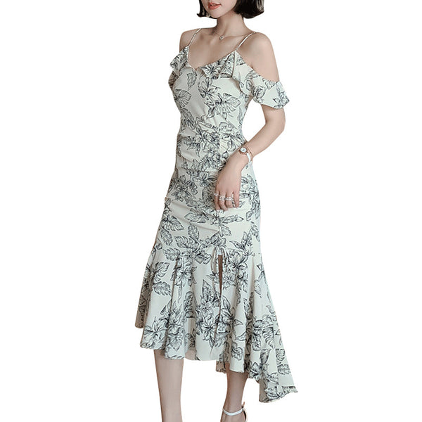 Elegant Chic Floral Pattern Off Shoulder Strap Ruffle Evening Vestidos Midi Dress