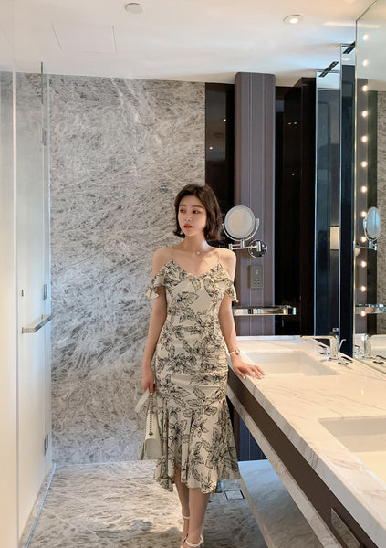 Elegant Chic Floral Pattern Off Shoulder Strap Ruffle Evening Vestidos Midi Dress