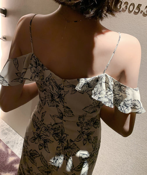 Elegant Chic Floral Pattern Off Shoulder Strap Ruffle Evening Vestidos Midi Dress
