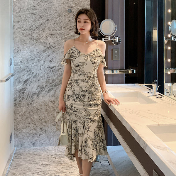 Elegant Chic Floral Pattern Off Shoulder Strap Ruffle Evening Vestidos Midi Dress