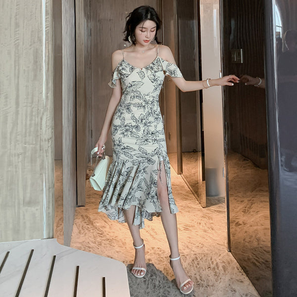 Elegant Chic Floral Pattern Off Shoulder Strap Ruffle Evening Vestidos Midi Dress
