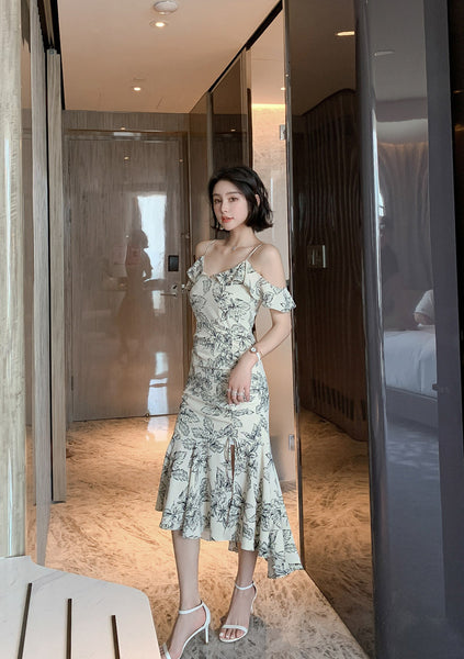 Elegant Chic Floral Pattern Off Shoulder Strap Ruffle Evening Vestidos Midi Dress