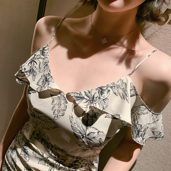 Elegant Chic Floral Pattern Off Shoulder Strap Ruffle Evening Vestidos Midi Dress