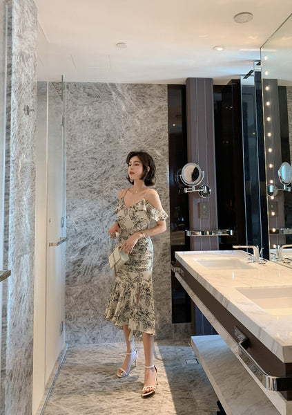 Elegant Chic Floral Pattern Off Shoulder Strap Ruffle Evening Vestidos Midi Dress