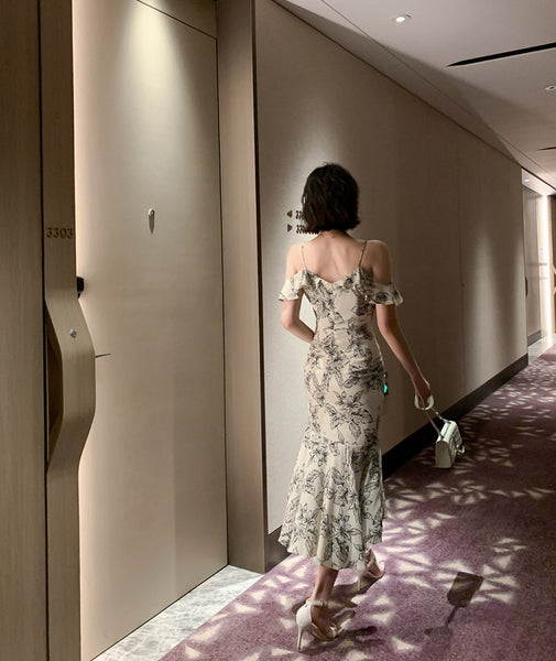 Elegant Chic Floral Pattern Off Shoulder Strap Ruffle Evening Vestidos Midi Dress