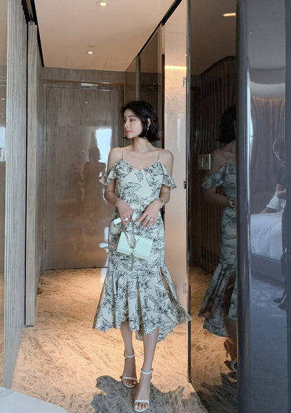 Elegant Chic Floral Pattern Off Shoulder Strap Ruffle Evening Vestidos Midi Dress