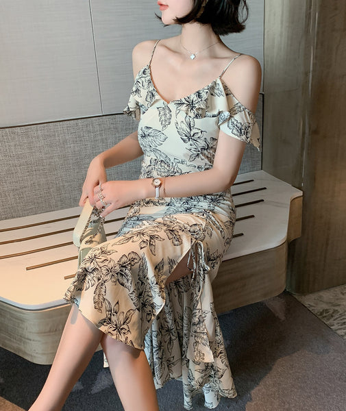 Elegant Chic Floral Pattern Off Shoulder Strap Ruffle Evening Vestidos Midi Dress