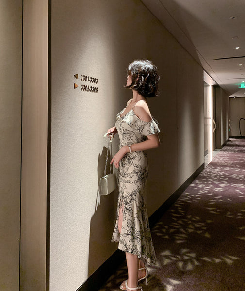 Elegant Chic Floral Pattern Off Shoulder Strap Ruffle Evening Vestidos Midi Dress
