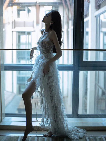 Women Temperament Elegant Modern White Feather Sleeveless Shoulder Sling Straps Cocktail Deep V Neck Tassel Sequins Fishtail Prom Sexy Evening Dress