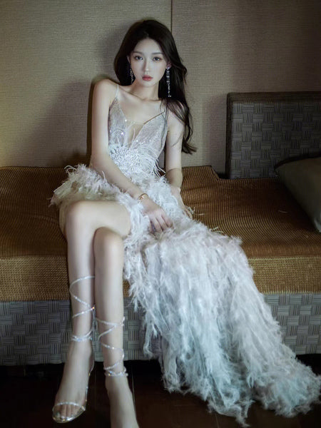 Women Temperament Elegant Modern White Feather Sleeveless Shoulder Sling Straps Cocktail Deep V Neck Tassel Sequins Fishtail Prom Sexy Evening Dress