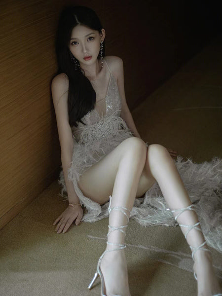 Women Temperament Elegant Modern White Feather Sleeveless Shoulder Sling Straps Cocktail Deep V Neck Tassel Sequins Fishtail Prom Sexy Evening Dress