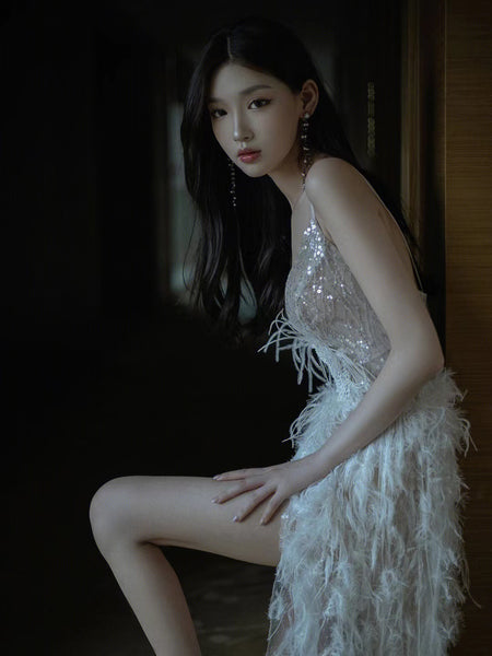 Women Temperament Elegant Modern White Feather Sleeveless Shoulder Sling Straps Cocktail Deep V Neck Tassel Sequins Fishtail Prom Sexy Evening Dress