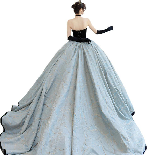Cute Bridal Satin Wedding Tube Top Elegant Catwalk Sweetheart Evening Dinner Gold Sash Sleeveless Backless Floor Length Dress Long Gown