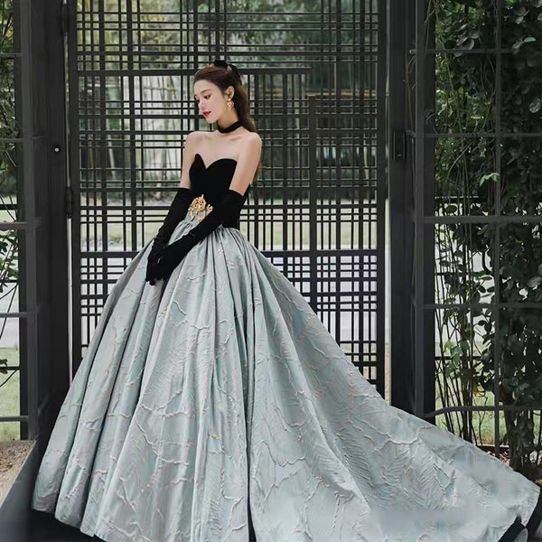 Cute Bridal Satin Wedding Tube Top Elegant Catwalk Sweetheart Evening Dinner Gold Sash Sleeveless Backless Floor Length Dress Long Gown