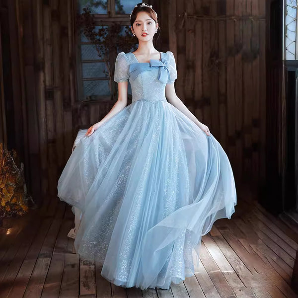 Sky Blue Square Neck Back Zipper Short Puff sleeves Front Bow Bowknot Chic Evening Prom Dresses